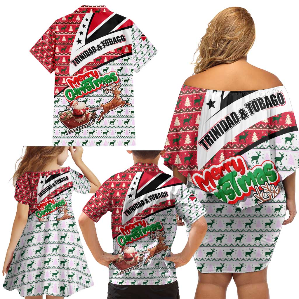 Trinidad and Tobago Christmas Family Matching Off Shoulder Short Dress and Hawaiian Shirt Christmas Bird Santa and Reindeer Design - Wonder Print Shop