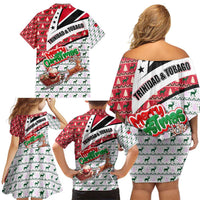 Trinidad and Tobago Christmas Family Matching Off Shoulder Short Dress and Hawaiian Shirt Christmas Bird Santa and Reindeer Design - Wonder Print Shop