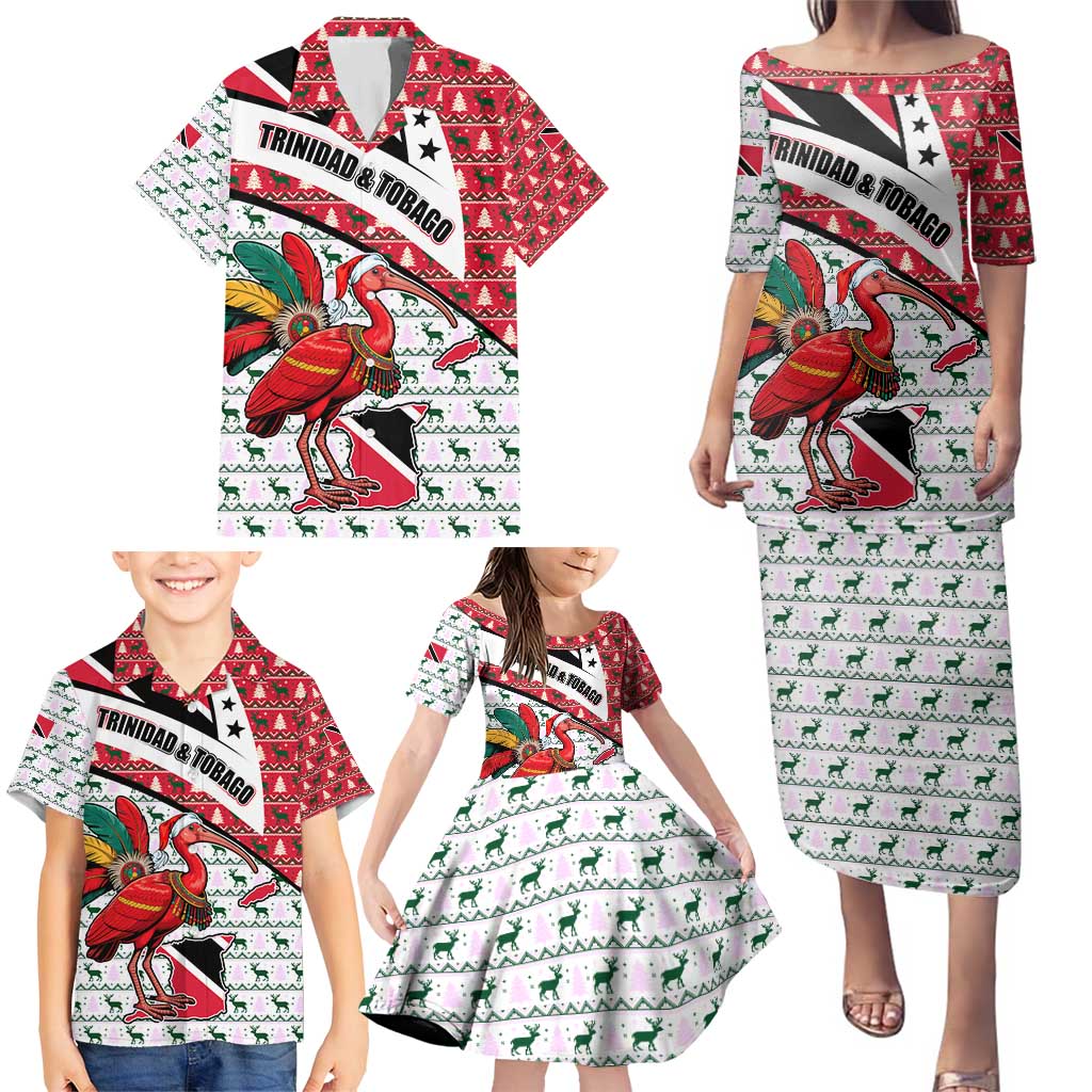 Trinidad and Tobago Christmas Family Matching Puletasi and Hawaiian Shirt Christmas Bird Santa and Reindeer Design - Wonder Print Shop
