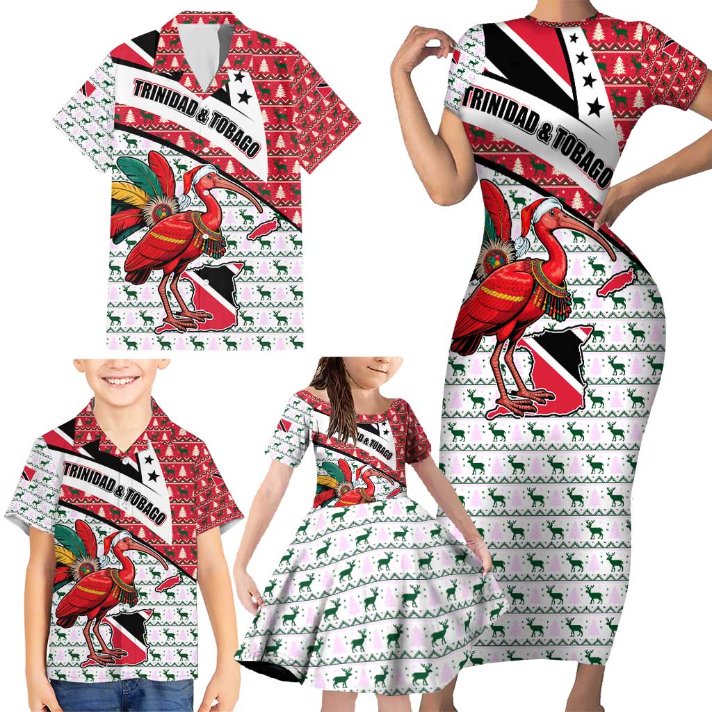 Trinidad and Tobago Christmas Family Matching Short Sleeve Bodycon Dress and Hawaiian Shirt Christmas Bird Santa and Reindeer Design - Wonder Print Shop