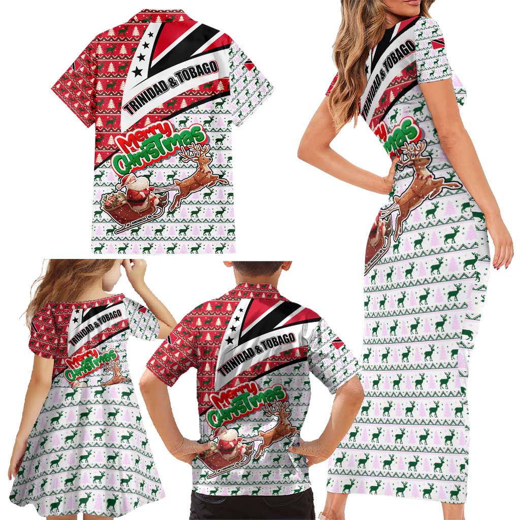Trinidad and Tobago Christmas Family Matching Short Sleeve Bodycon Dress and Hawaiian Shirt Christmas Bird Santa and Reindeer Design - Wonder Print Shop