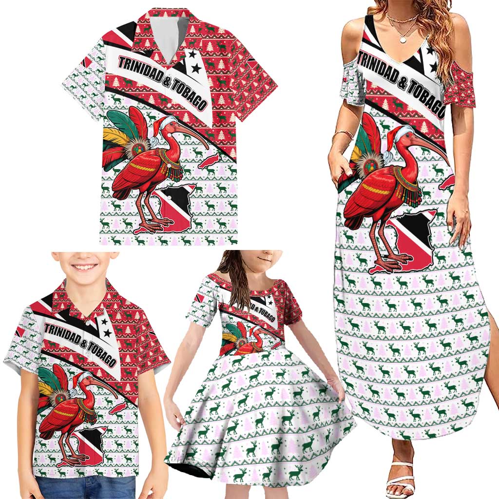 Trinidad and Tobago Christmas Family Matching Summer Maxi Dress and Hawaiian Shirt Christmas Bird Santa and Reindeer Design - Wonder Print Shop