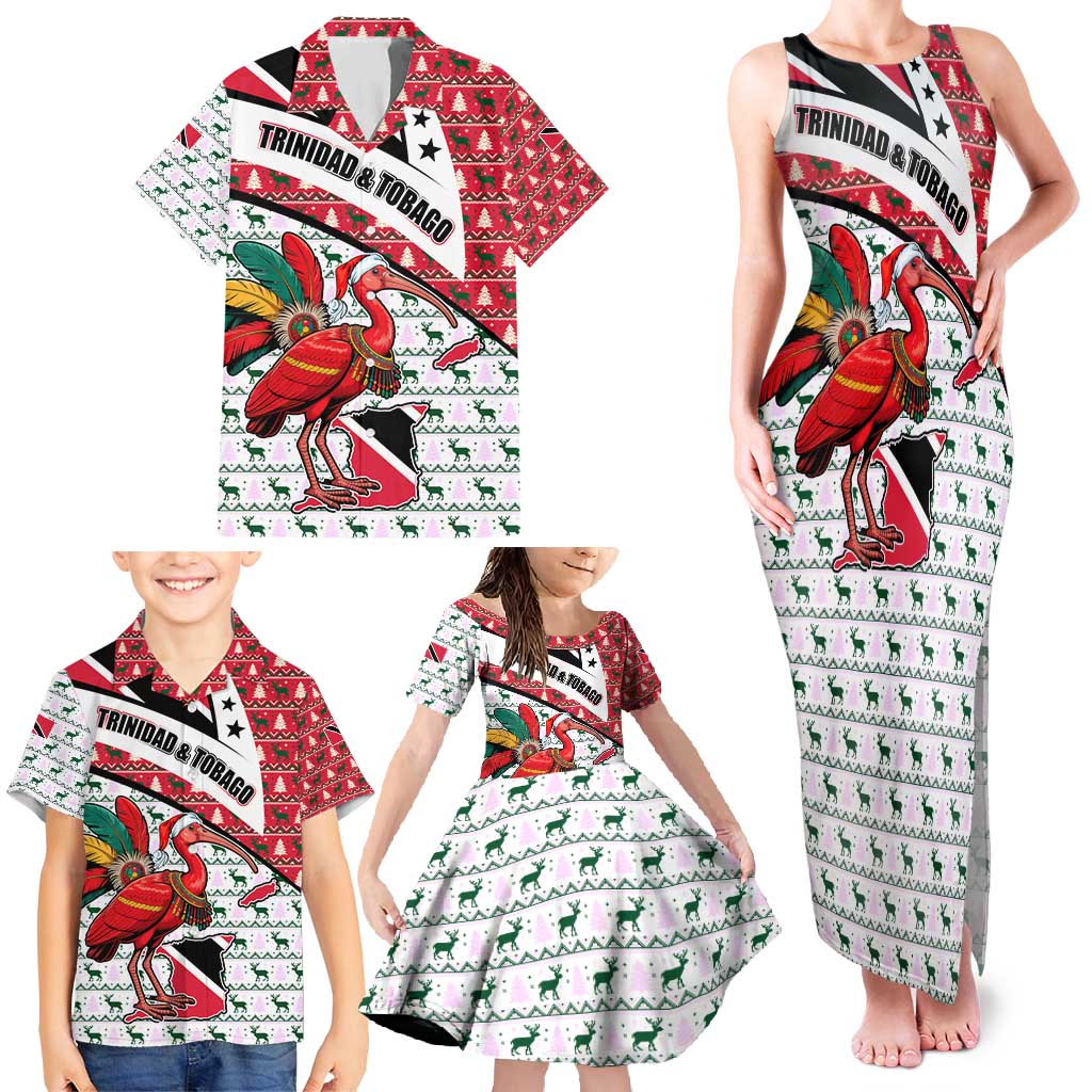 Trinidad and Tobago Christmas Family Matching Tank Maxi Dress and Hawaiian Shirt Christmas Bird Santa and Reindeer Design - Wonder Print Shop