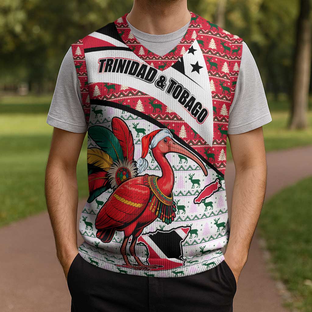 Trinidad and Tobago Christmas Knitted V-Neck Vest Christmas Bird Santa and Reindeer Design - Wonder Print Shop