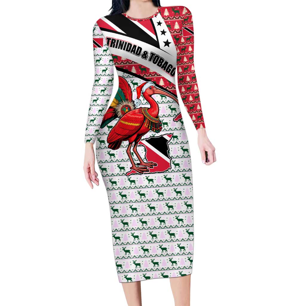 Trinidad and Tobago Christmas Long Sleeve Bodycon Dress Christmas Bird Santa and Reindeer Design - Wonder Print Shop