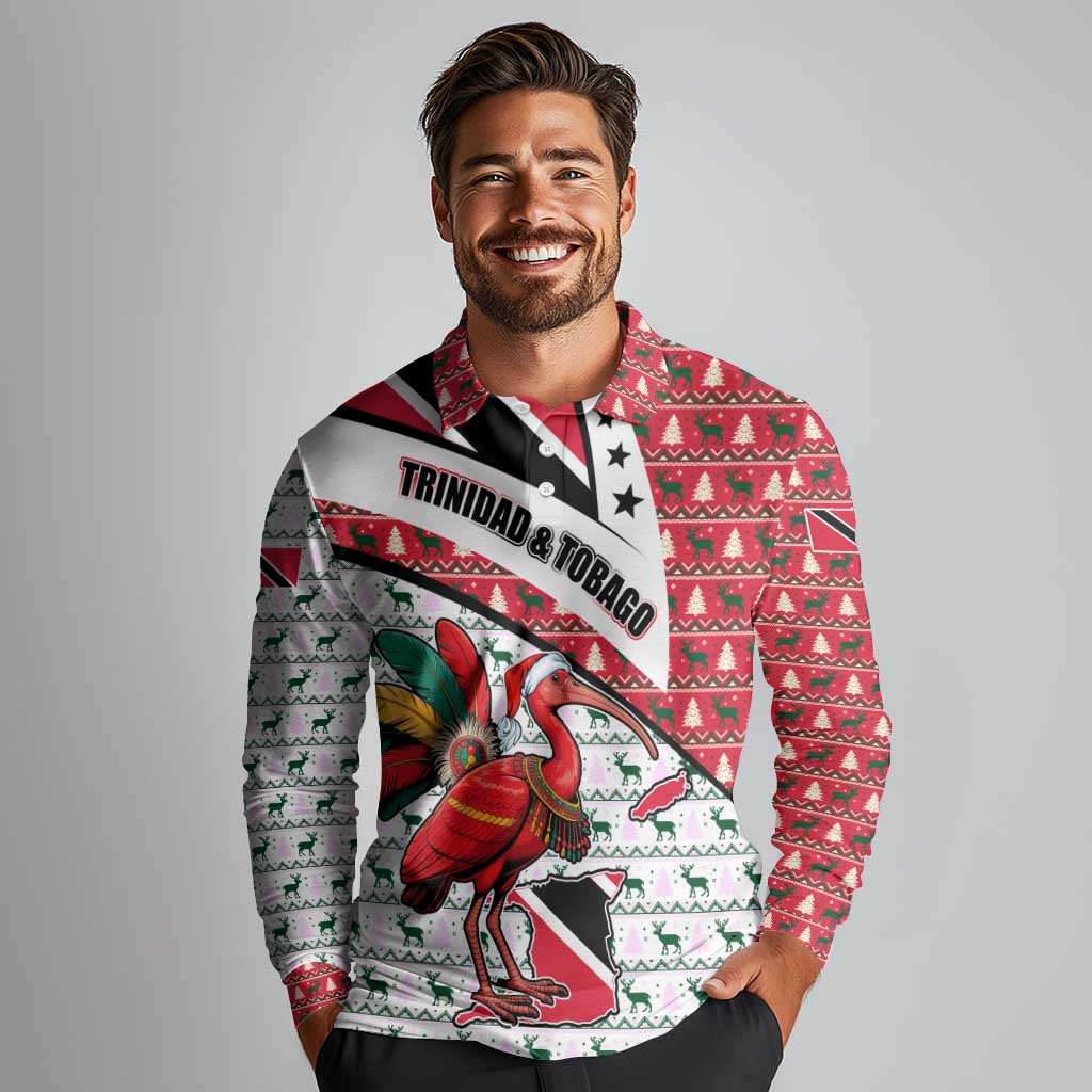 Trinidad and Tobago Christmas Long Sleeve Polo Shirt Christmas Bird Santa and Reindeer Design - Wonder Print Shop