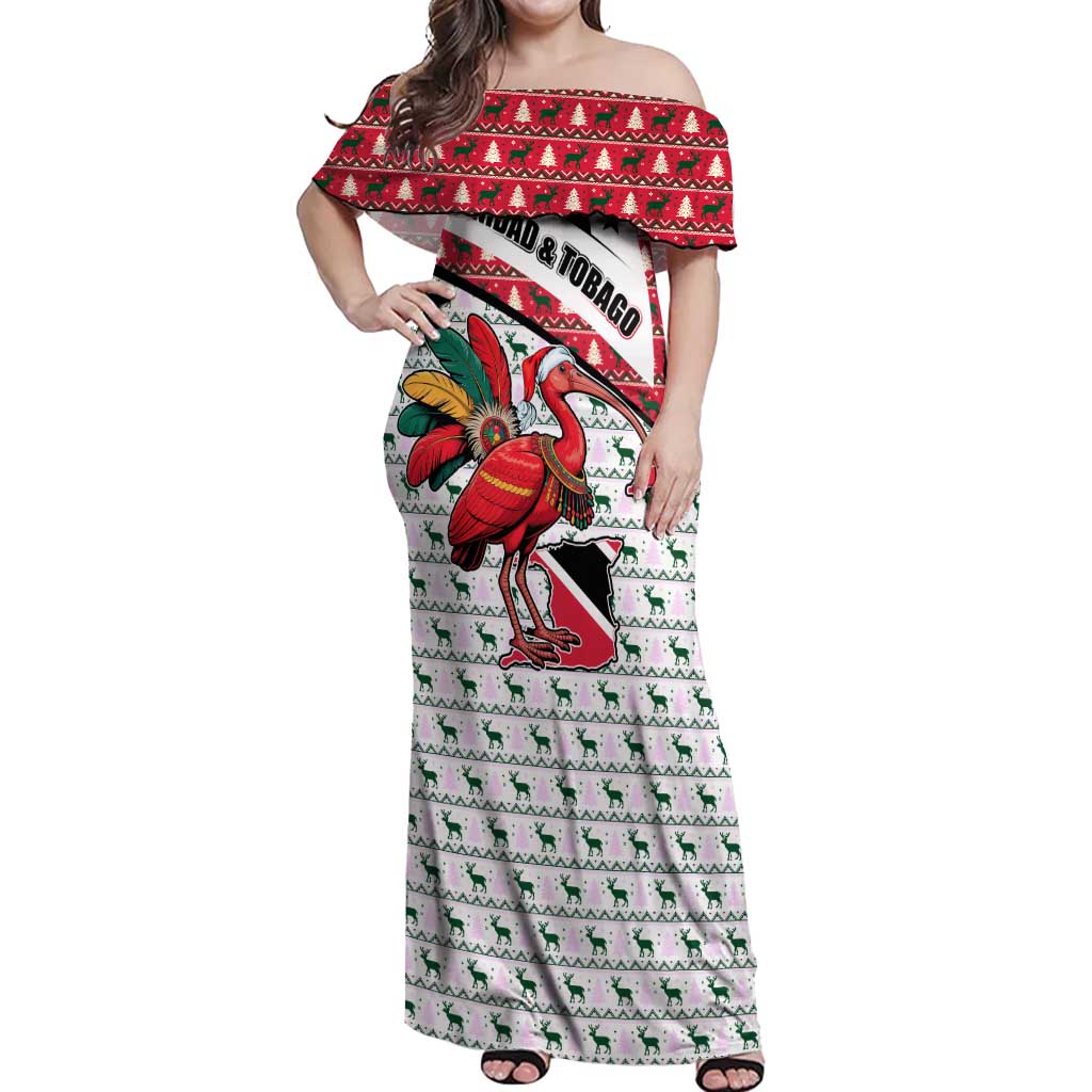 Trinidad and Tobago Christmas Off Shoulder Maxi Dress Christmas Bird Santa and Reindeer Design - Wonder Print Shop