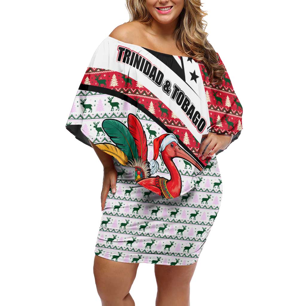 Trinidad and Tobago Christmas Off Shoulder Short Dress Christmas Bird Santa and Reindeer Design - Wonder Print Shop