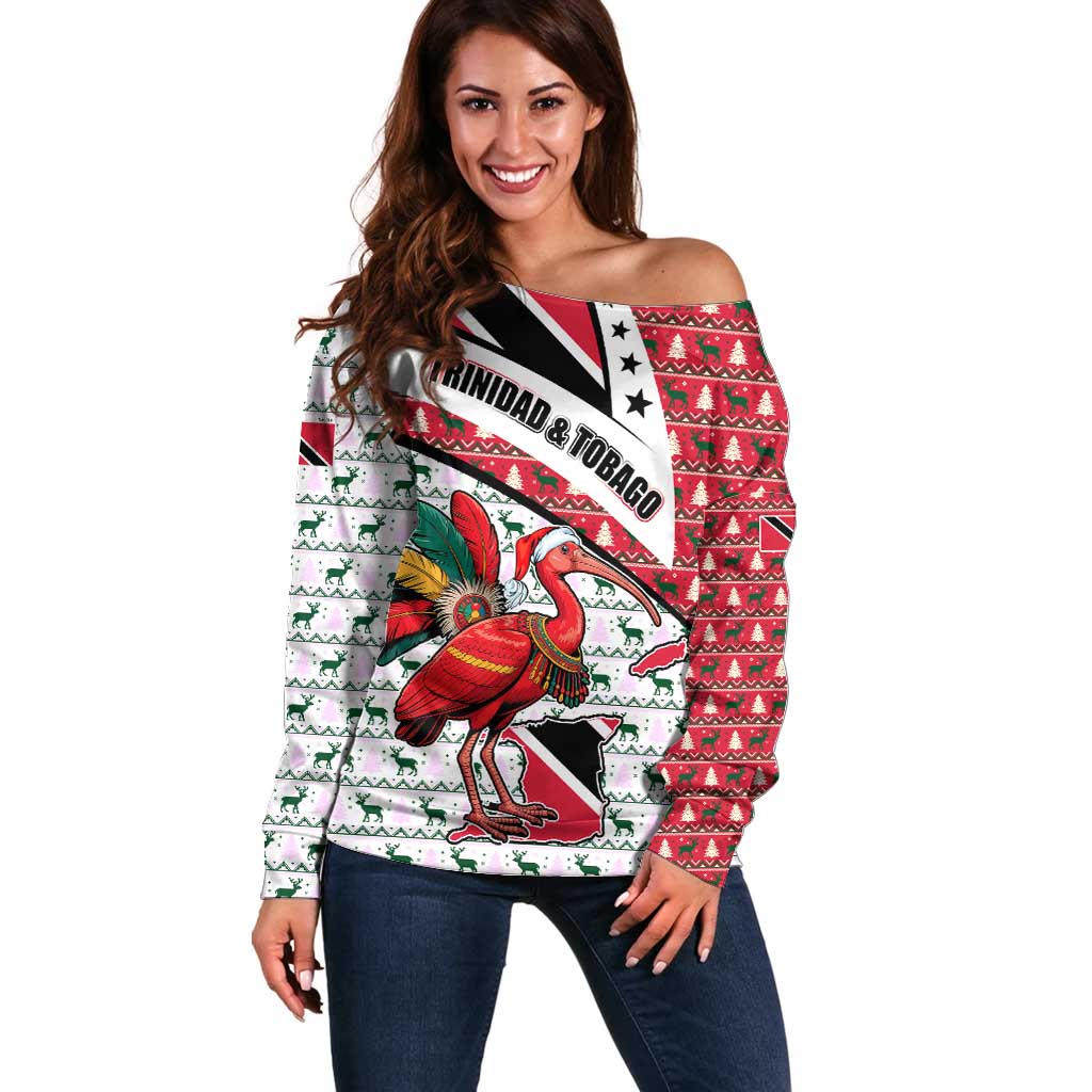 Trinidad and Tobago Christmas Off Shoulder Sweater Christmas Bird Santa and Reindeer Design - Wonder Print Shop
