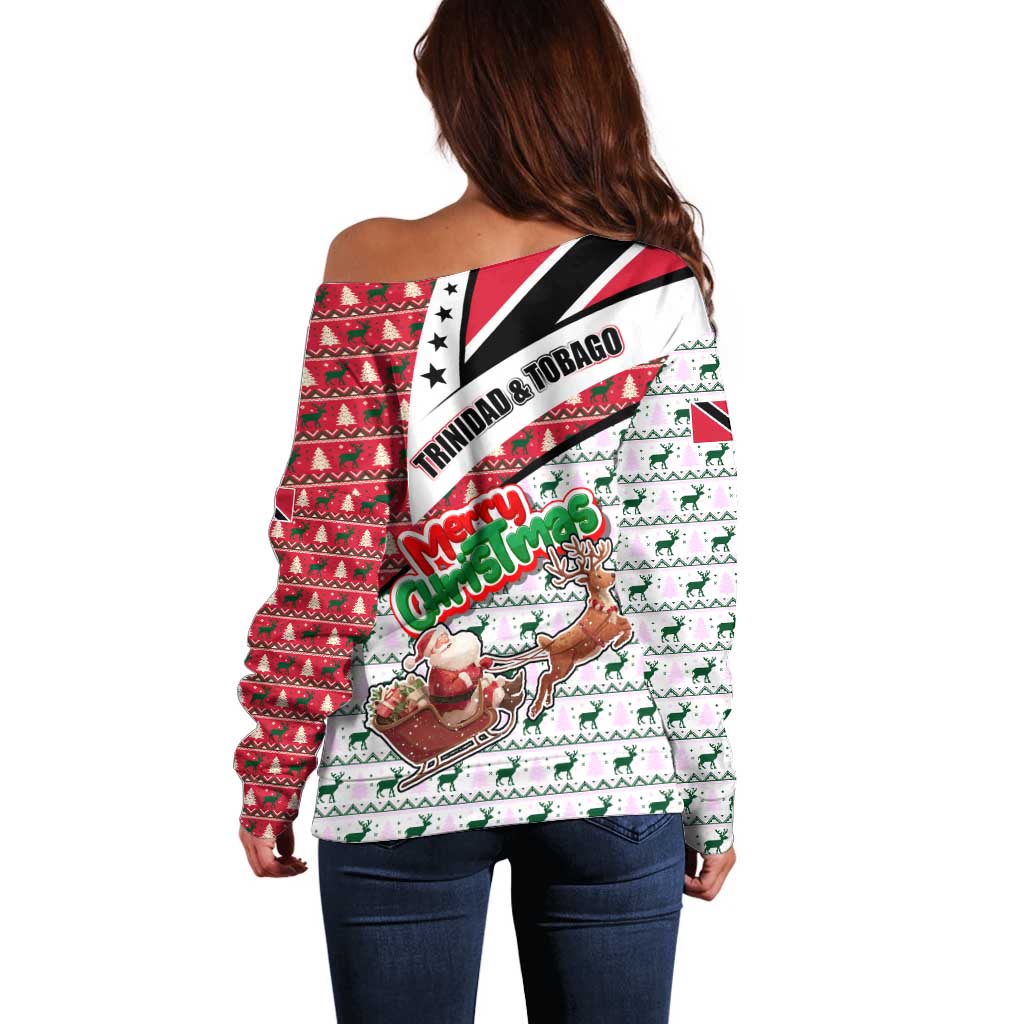Trinidad and Tobago Christmas Off Shoulder Sweater Christmas Bird Santa and Reindeer Design - Wonder Print Shop