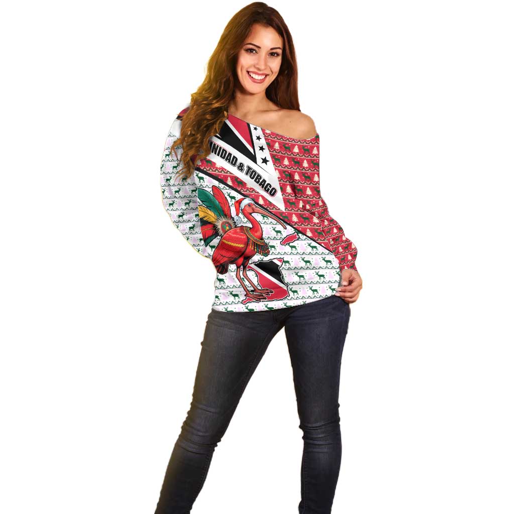 Trinidad and Tobago Christmas Off Shoulder Sweater Christmas Bird Santa and Reindeer Design - Wonder Print Shop