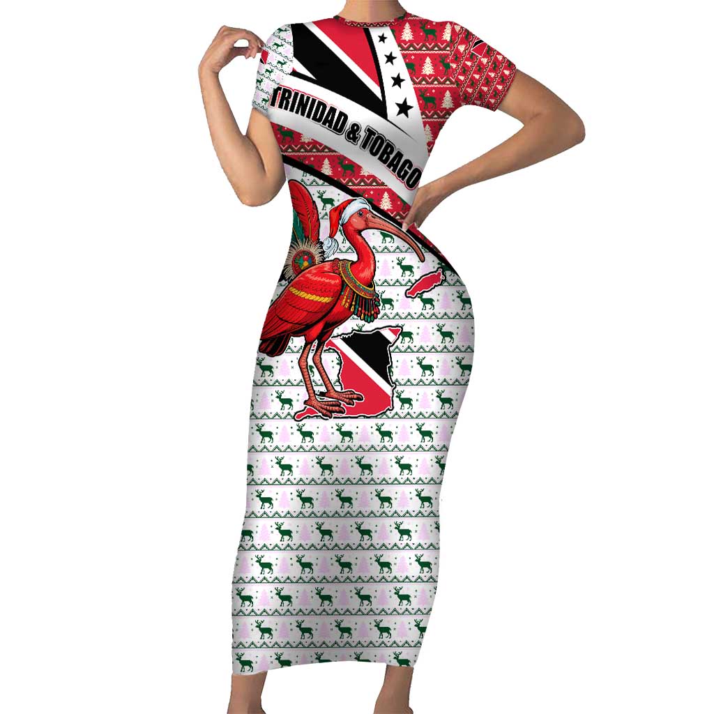 Trinidad and Tobago Christmas Short Sleeve Bodycon Dress Christmas Bird Santa and Reindeer Design - Wonder Print Shop