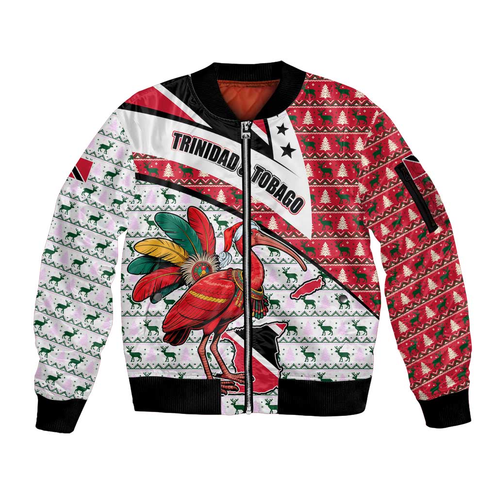 Trinidad and Tobago Christmas Sleeve Zip Bomber Jacket Christmas Bird Santa and Reindeer Design - Wonder Print Shop