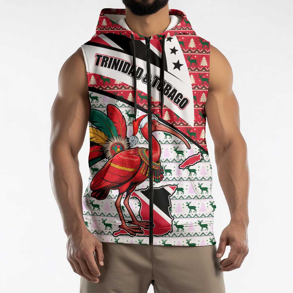 Trinidad and Tobago Christmas Sleeveless Zip Hoodie Christmas Bird Santa and Reindeer Design - Wonder Print Shop