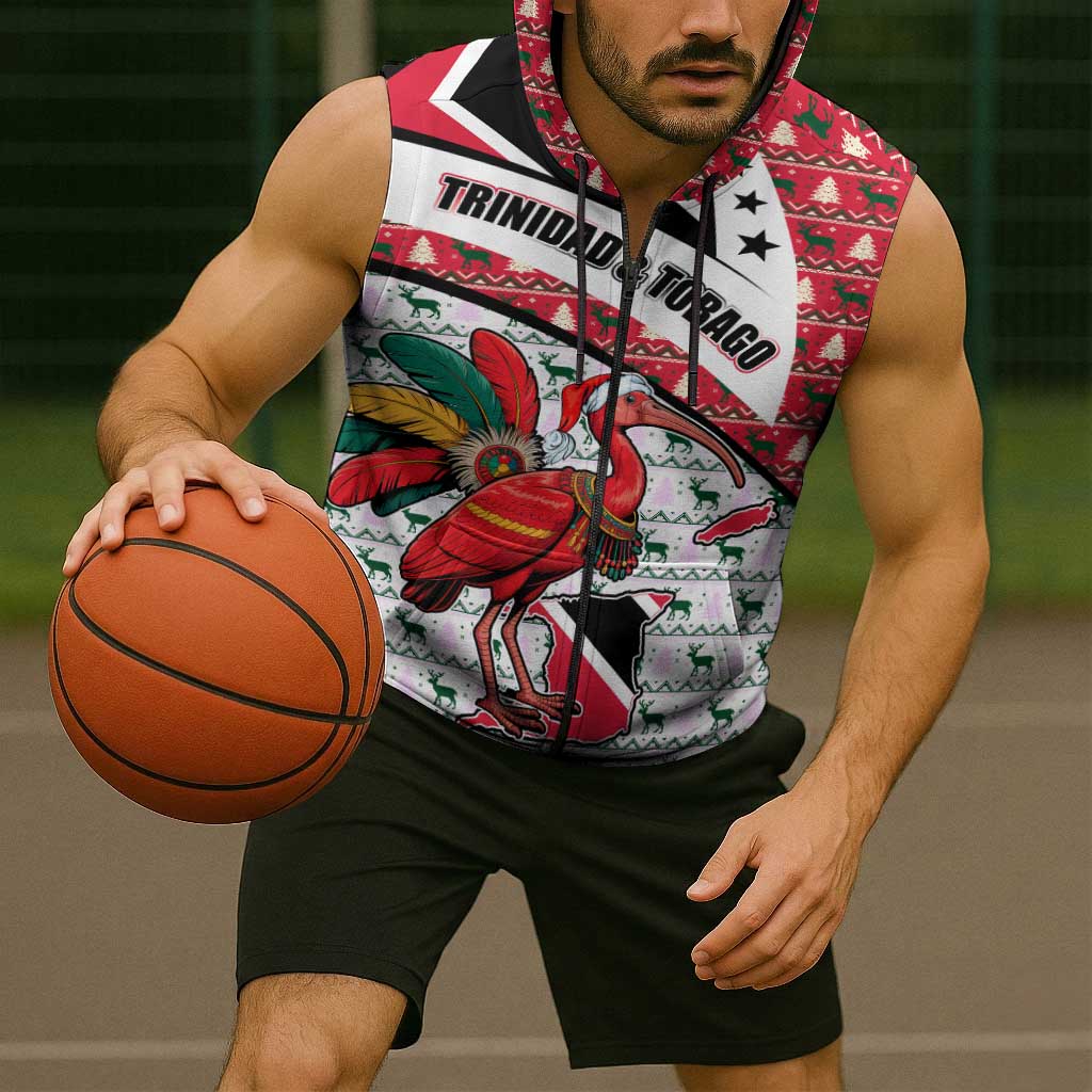 Trinidad and Tobago Christmas Sleeveless Zip Hoodie Christmas Bird Santa and Reindeer Design - Wonder Print Shop