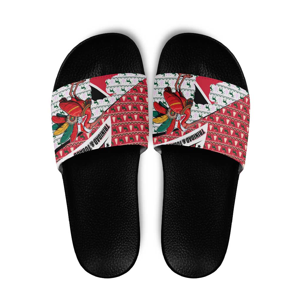 Trinidad and Tobago Christmas Slide Sandals Christmas Bird Santa and Reindeer Design - Wonder Print Shop