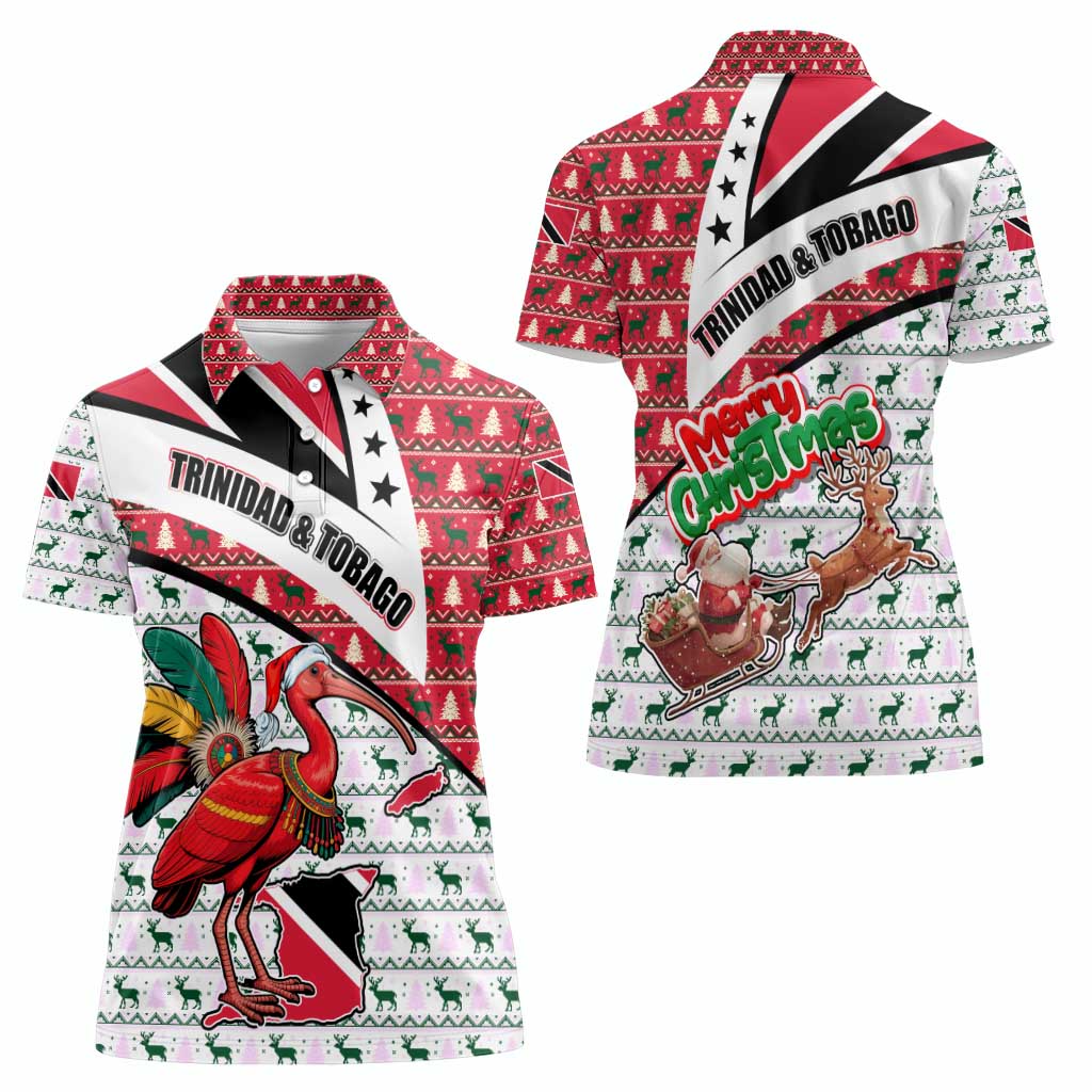 Trinidad and Tobago Christmas Women Polo Shirt Christmas Bird Santa and Reindeer Design - Wonder Print Shop