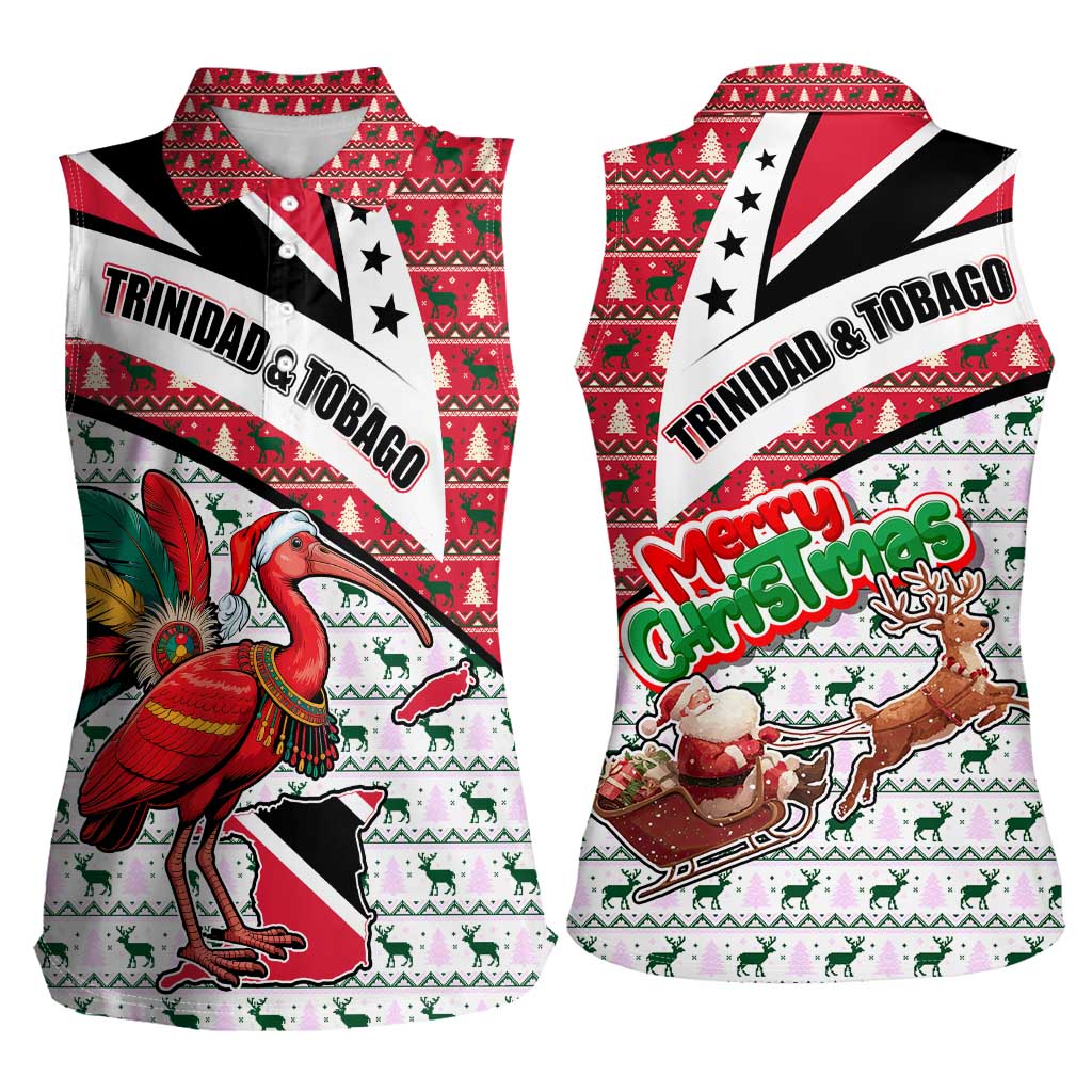 Trinidad and Tobago Christmas Women Sleeveless Polo Shirt Christmas Bird Santa and Reindeer Design - Wonder Print Shop