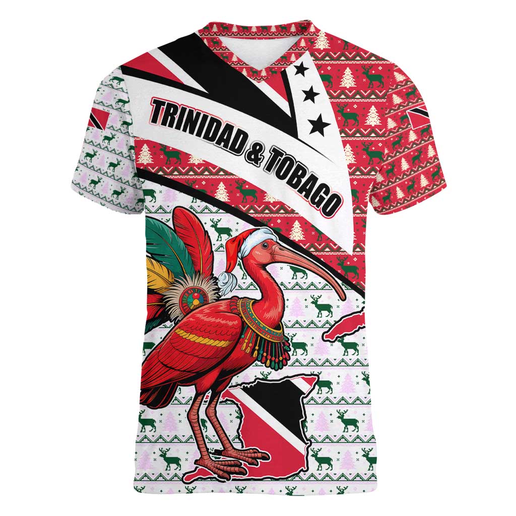 Trinidad and Tobago Christmas Women V-Neck T-Shirt Christmas Bird Santa and Reindeer Design - Wonder Print Shop