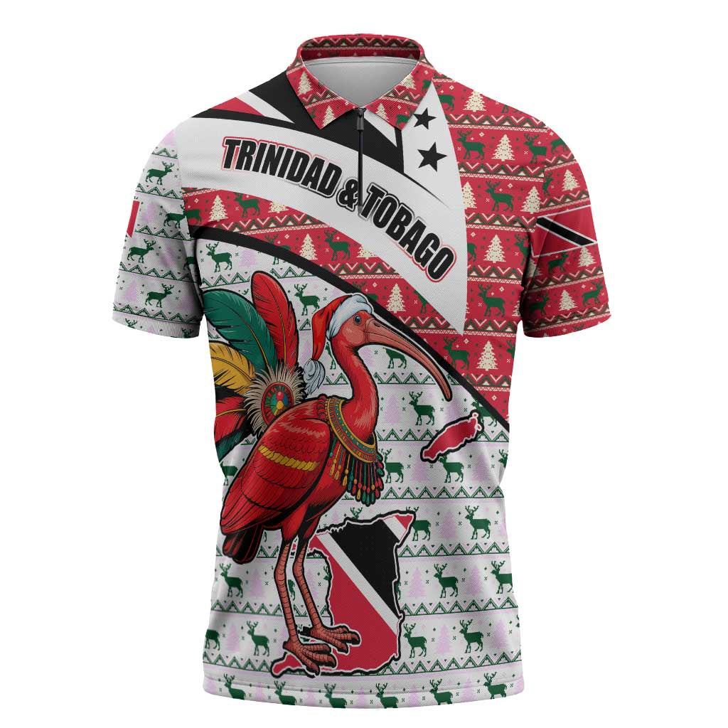 Trinidad and Tobago Christmas Zipper Polo Shirt Christmas Bird Santa and Reindeer Design - Wonder Print Shop