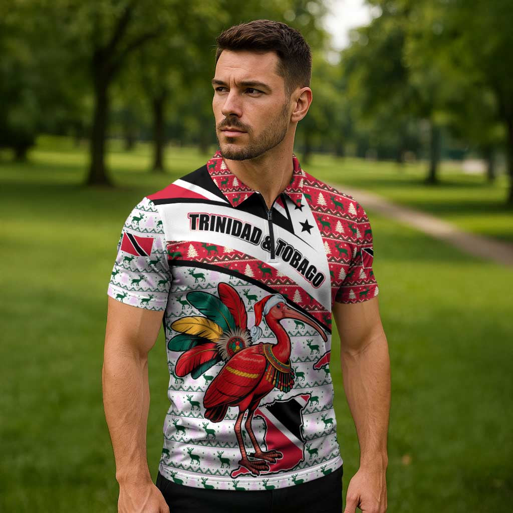 Trinidad and Tobago Christmas Zipper Polo Shirt Christmas Bird Santa and Reindeer Design - Wonder Print Shop