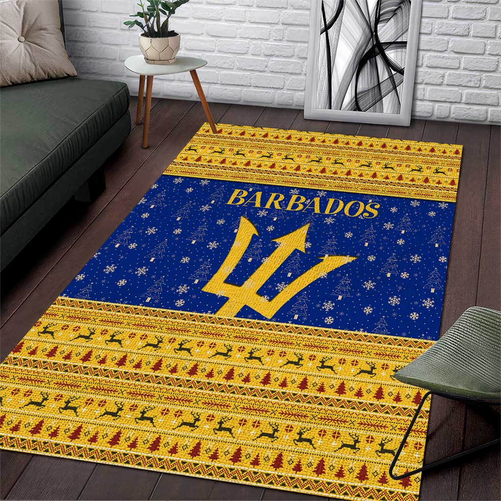 Barbados Christmas Area Rug with Blue Yellow Xmas Trident Santa and Reindeer - Wonder Print Shop