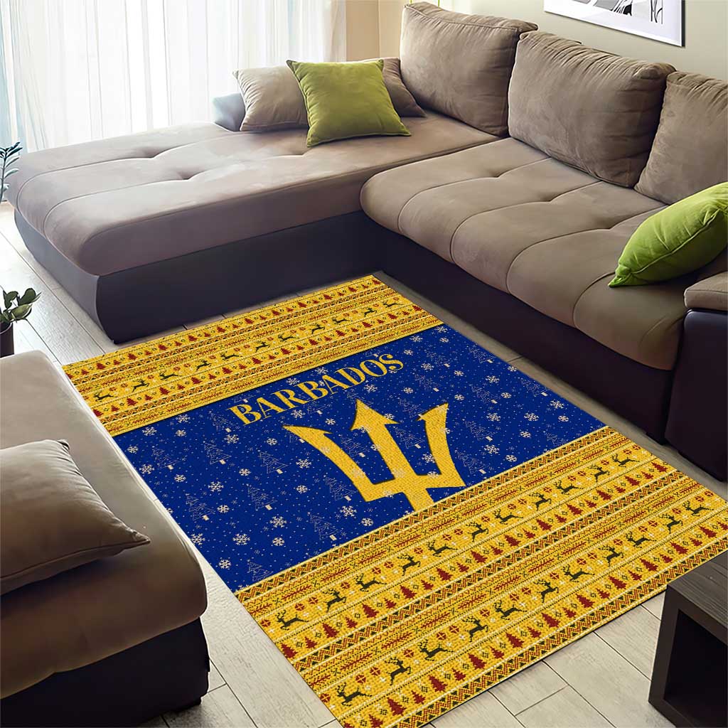 Barbados Christmas Area Rug with Blue Yellow Xmas Trident Santa and Reindeer - Wonder Print Shop