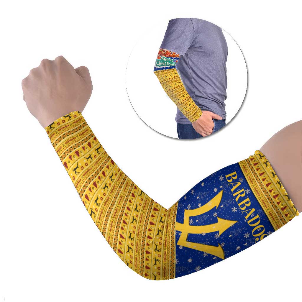 Barbados Christmas Arm Sleeves with Blue Yellow Xmas Trident Santa and Reindeer - Wonder Print Shop
