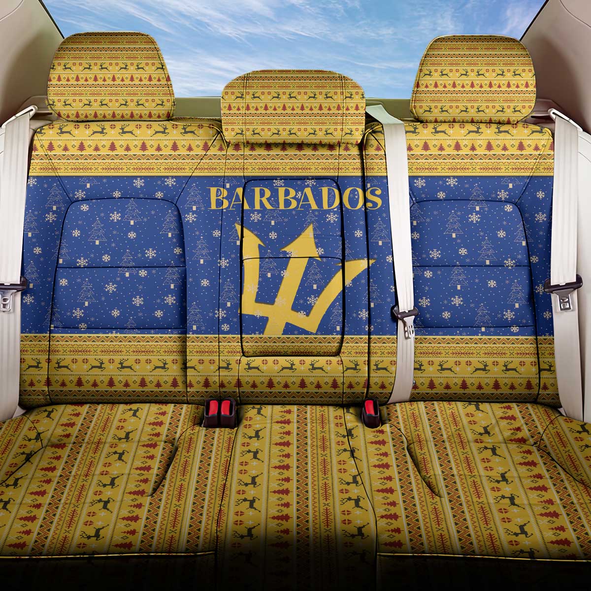 Barbados Christmas Back Car Seat Cover with Blue Yellow Xmas Trident Santa and Reindeer - Wonder Print Shop