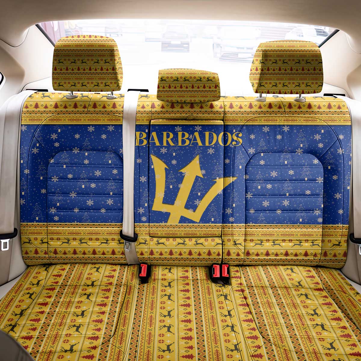 Barbados Christmas Back Car Seat Cover with Blue Yellow Xmas Trident Santa and Reindeer - Wonder Print Shop