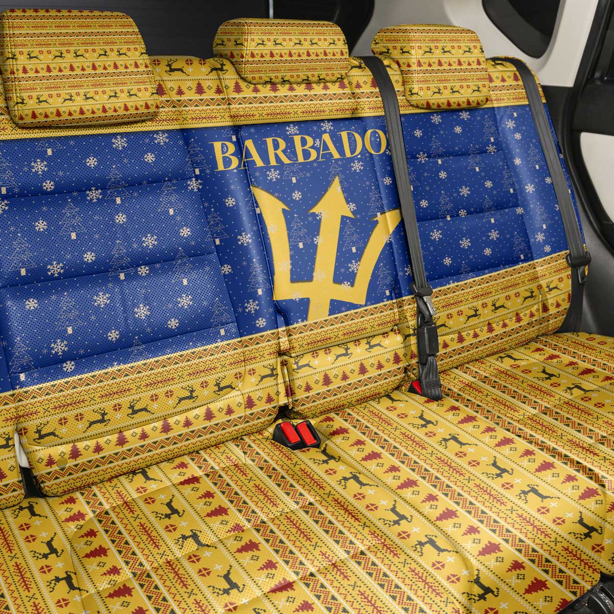 Barbados Christmas Back Car Seat Cover with Blue Yellow Xmas Trident Santa and Reindeer - Wonder Print Shop