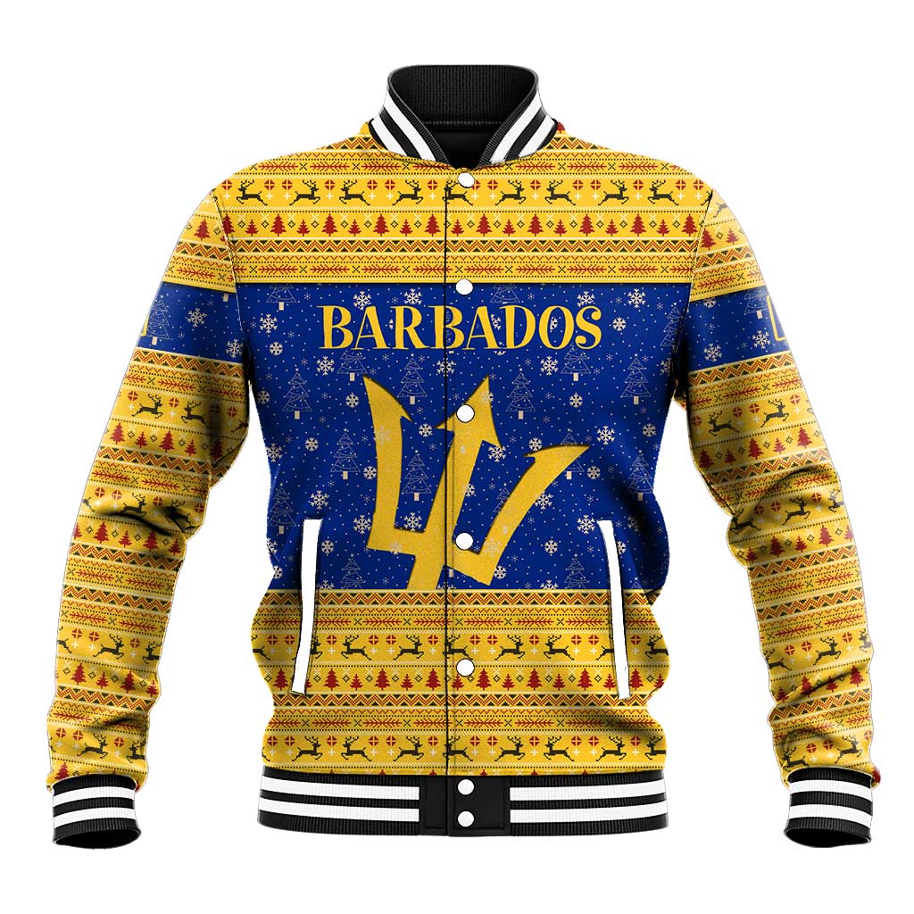 Barbados Christmas Baseball Jacket with Blue Yellow Xmas Trident Santa and Reindeer - Wonder Print Shop