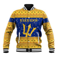 Barbados Christmas Baseball Jacket with Blue Yellow Xmas Trident Santa and Reindeer - Wonder Print Shop