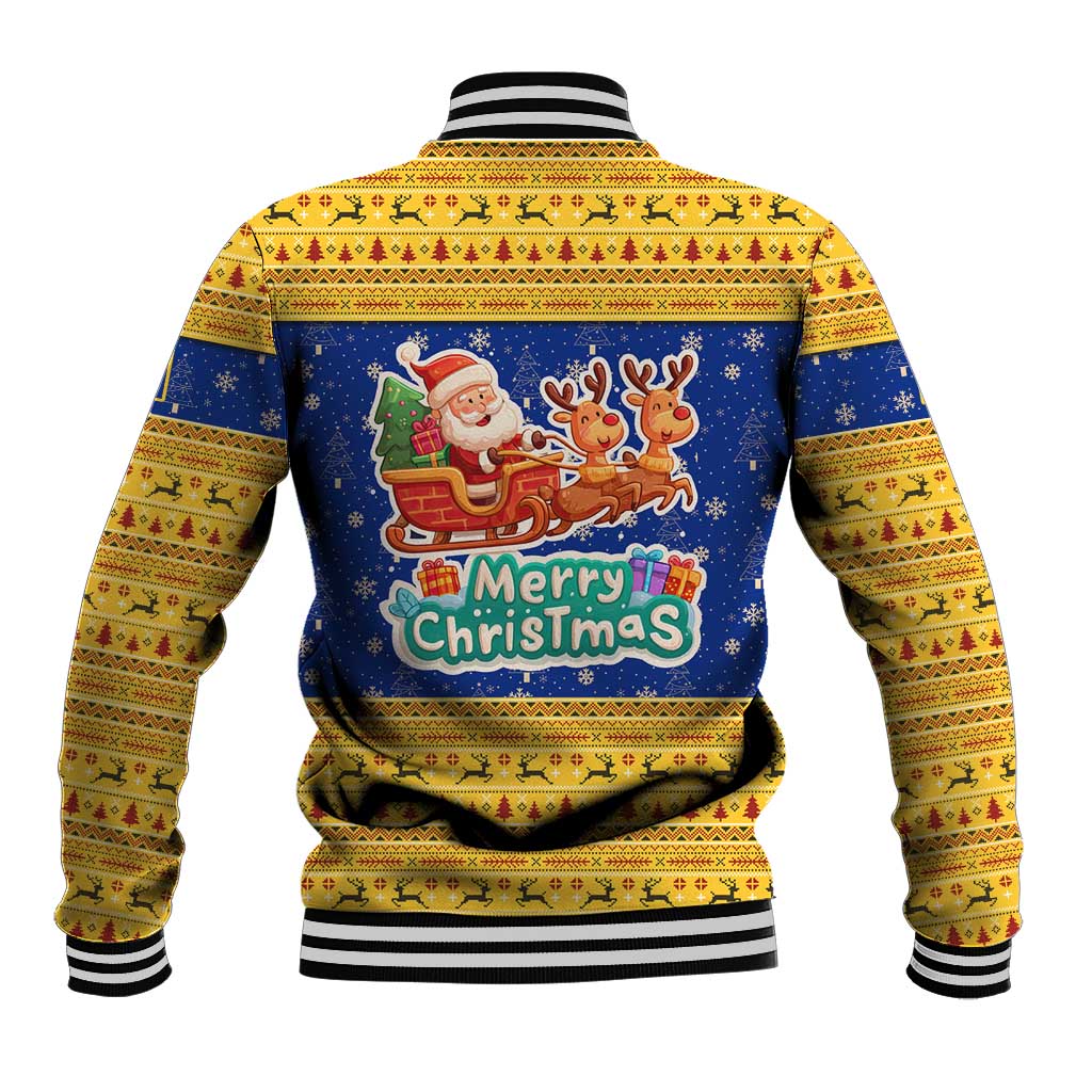 Barbados Christmas Baseball Jacket with Blue Yellow Xmas Trident Santa and Reindeer - Wonder Print Shop