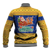 Barbados Christmas Baseball Jacket with Blue Yellow Xmas Trident Santa and Reindeer - Wonder Print Shop