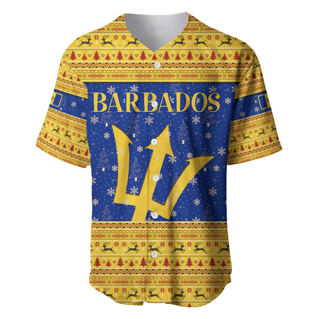 Barbados Christmas Baseball Jersey with Blue Yellow Xmas Trident Santa and Reindeer - Wonder Print Shop