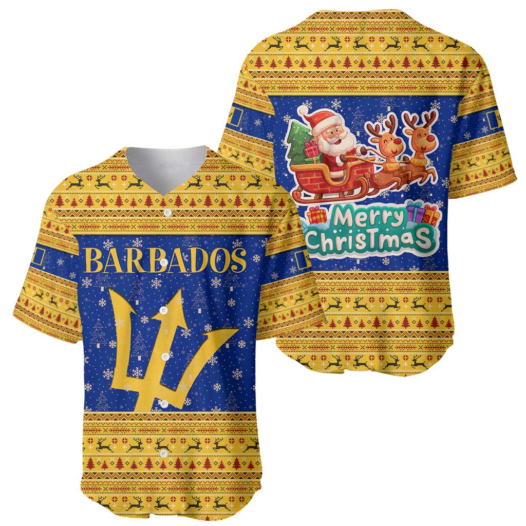 Barbados Christmas Baseball Jersey with Blue Yellow Xmas Trident Santa and Reindeer - Wonder Print Shop