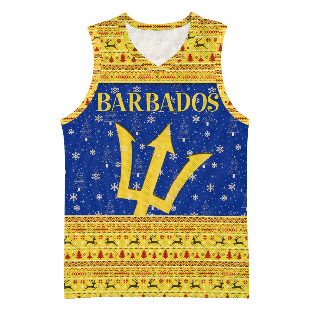 Barbados Christmas Basketball Jersey with Blue Yellow Xmas Trident Santa and Reindeer - Wonder Print Shop