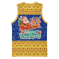 Barbados Christmas Basketball Jersey with Blue Yellow Xmas Trident Santa and Reindeer - Wonder Print Shop