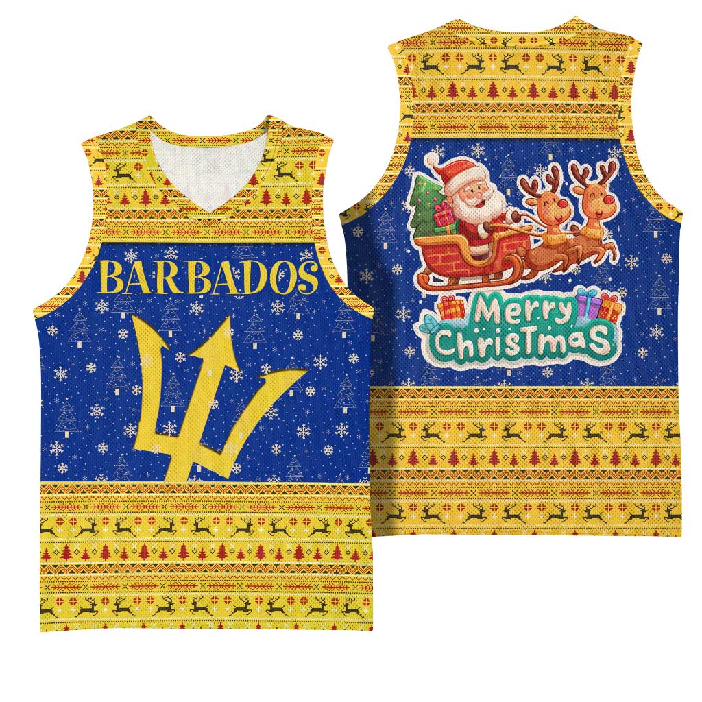 Barbados Christmas Basketball Jersey with Blue Yellow Xmas Trident Santa and Reindeer - Wonder Print Shop