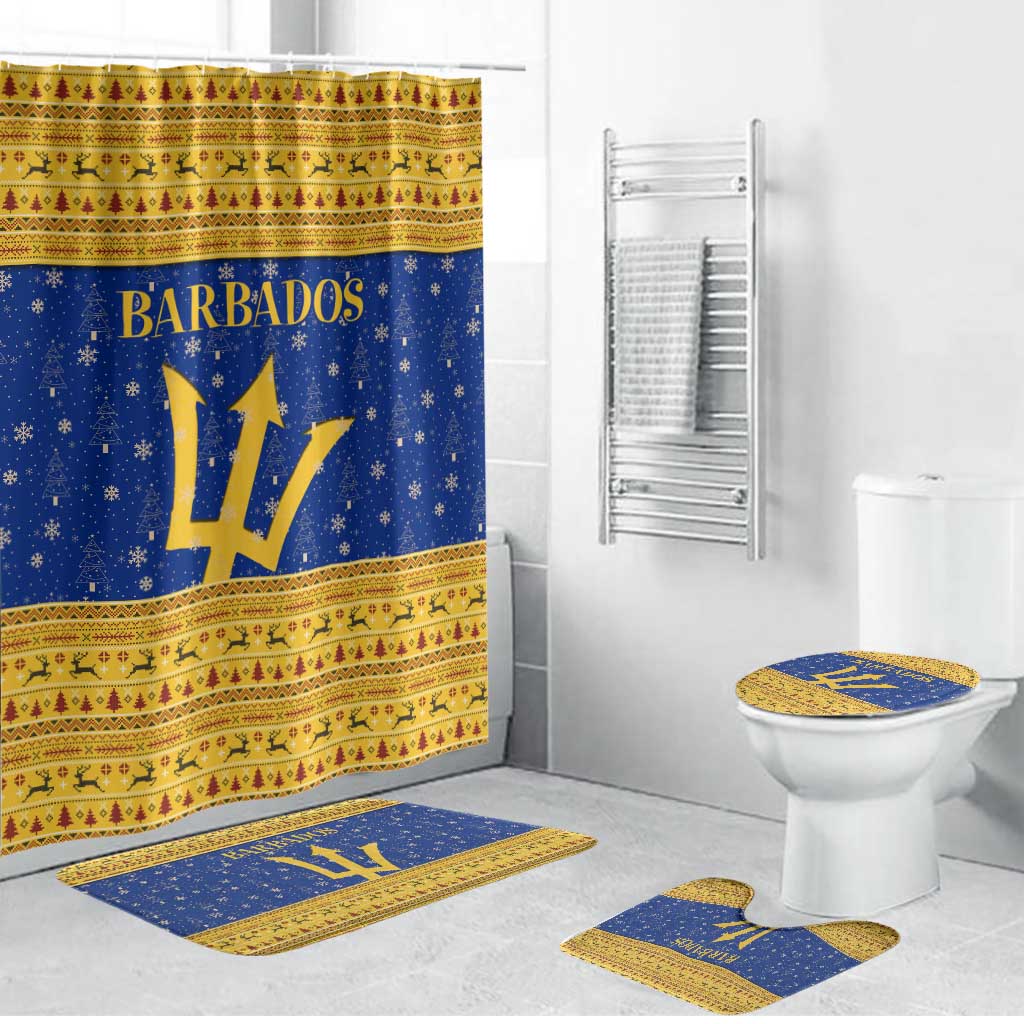 Barbados Christmas Bathroom Set with Blue Yellow Xmas Trident Santa and Reindeer - Wonder Print Shop
