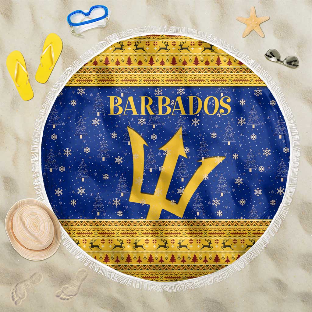 Barbados Christmas Beach Blanket with Blue Yellow Xmas Trident Santa and Reindeer - Wonder Print Shop