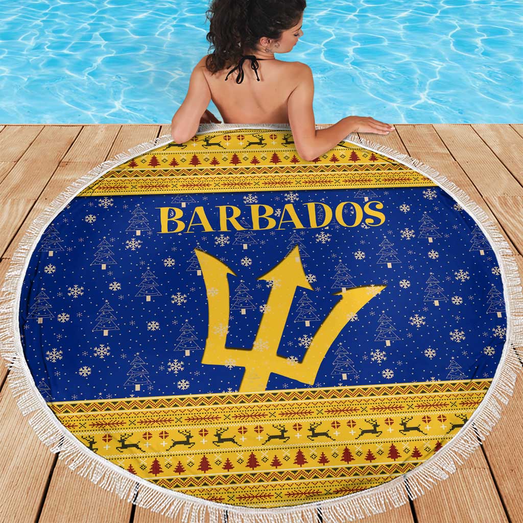 Barbados Christmas Beach Blanket with Blue Yellow Xmas Trident Santa and Reindeer - Wonder Print Shop