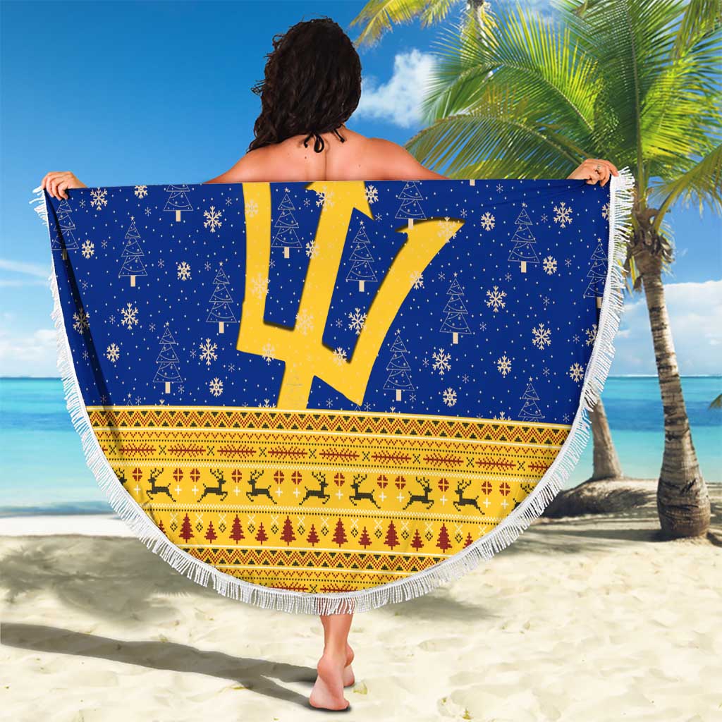 Barbados Christmas Beach Blanket with Blue Yellow Xmas Trident Santa and Reindeer - Wonder Print Shop
