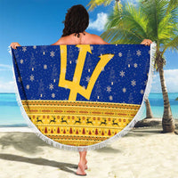 Barbados Christmas Beach Blanket with Blue Yellow Xmas Trident Santa and Reindeer - Wonder Print Shop