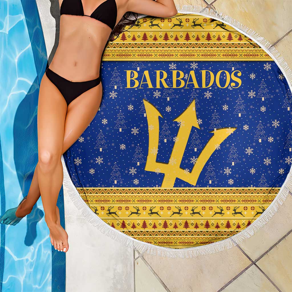 Barbados Christmas Beach Blanket with Blue Yellow Xmas Trident Santa and Reindeer - Wonder Print Shop