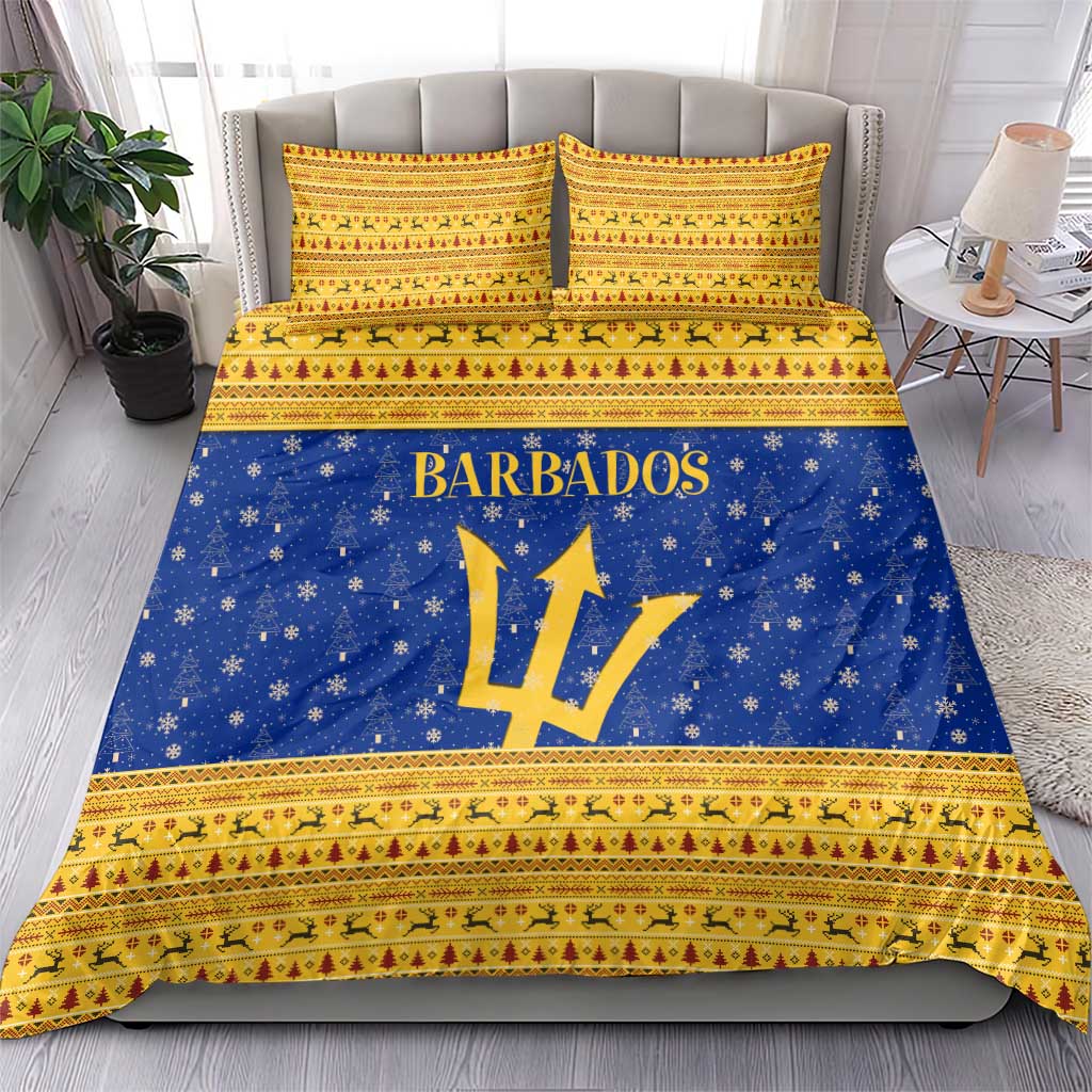 Barbados Christmas Bedding Set with Blue Yellow Xmas Trident Santa and Reindeer - Wonder Print Shop