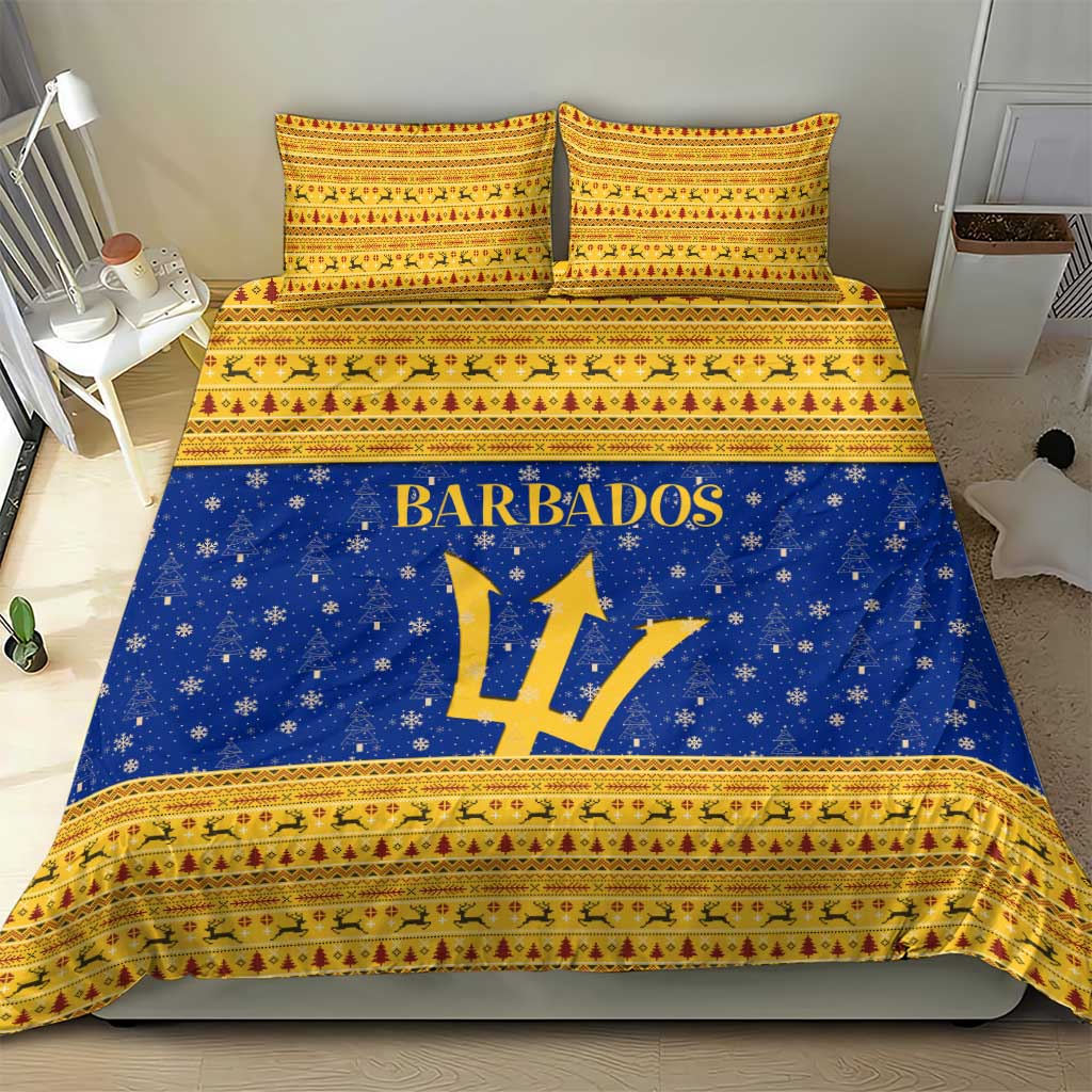 Barbados Christmas Bedding Set with Blue Yellow Xmas Trident Santa and Reindeer - Wonder Print Shop