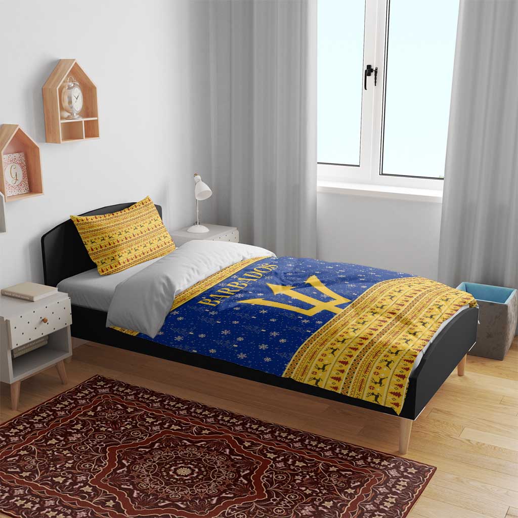 Barbados Christmas Bedding Set with Blue Yellow Xmas Trident Santa and Reindeer - Wonder Print Shop