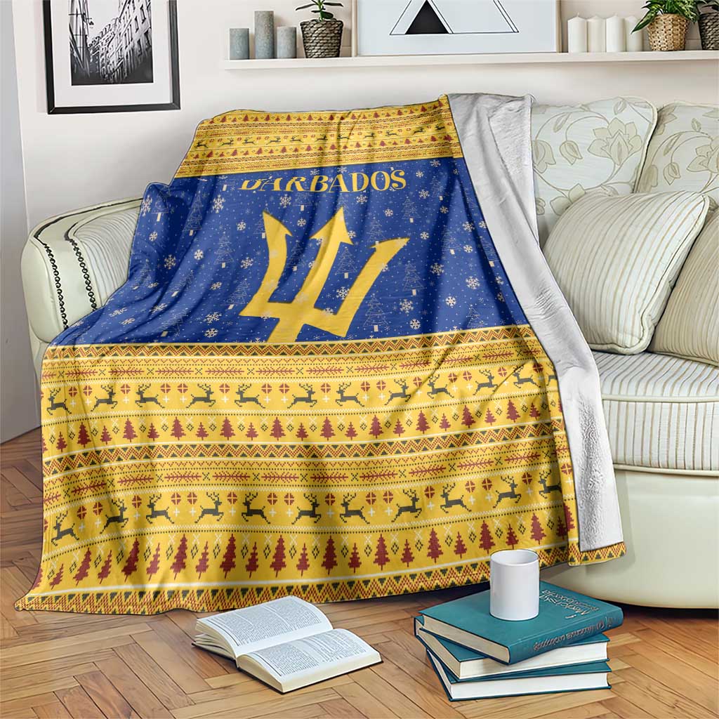 Barbados Christmas Blanket with Blue Yellow Xmas Trident Santa and Reindeer - Wonder Print Shop